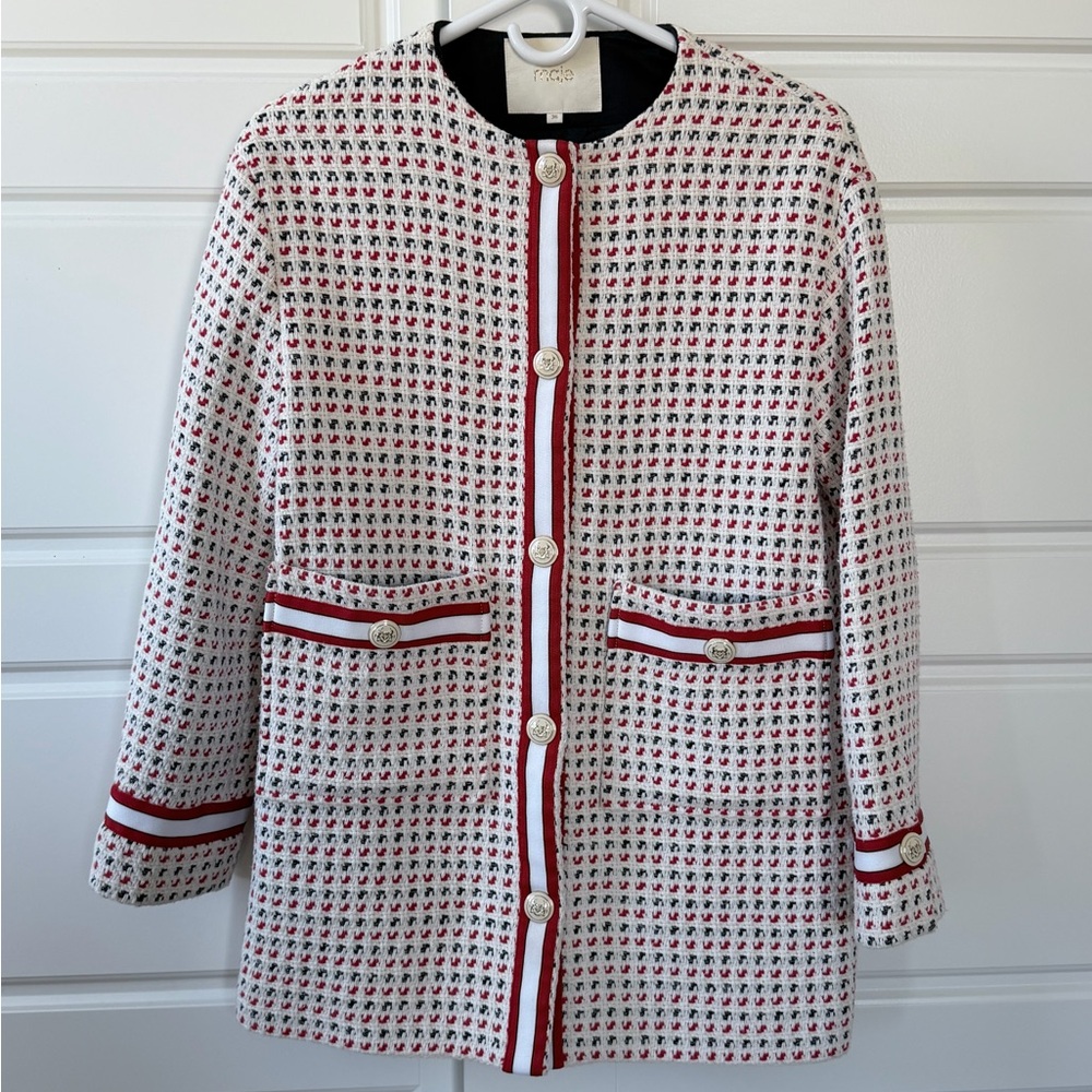 Maje White Tweed Jacket with Red Trim